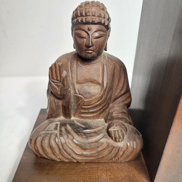 Buddha Wood Carved Bookends MCM Style Collectible READ - Picture 4 of 9